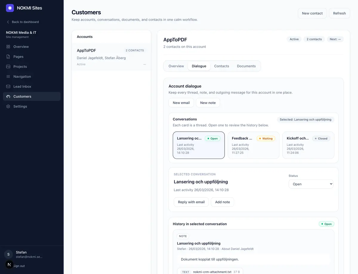 NOKMI Sites customer dialogue view with conversations, contacts and documents