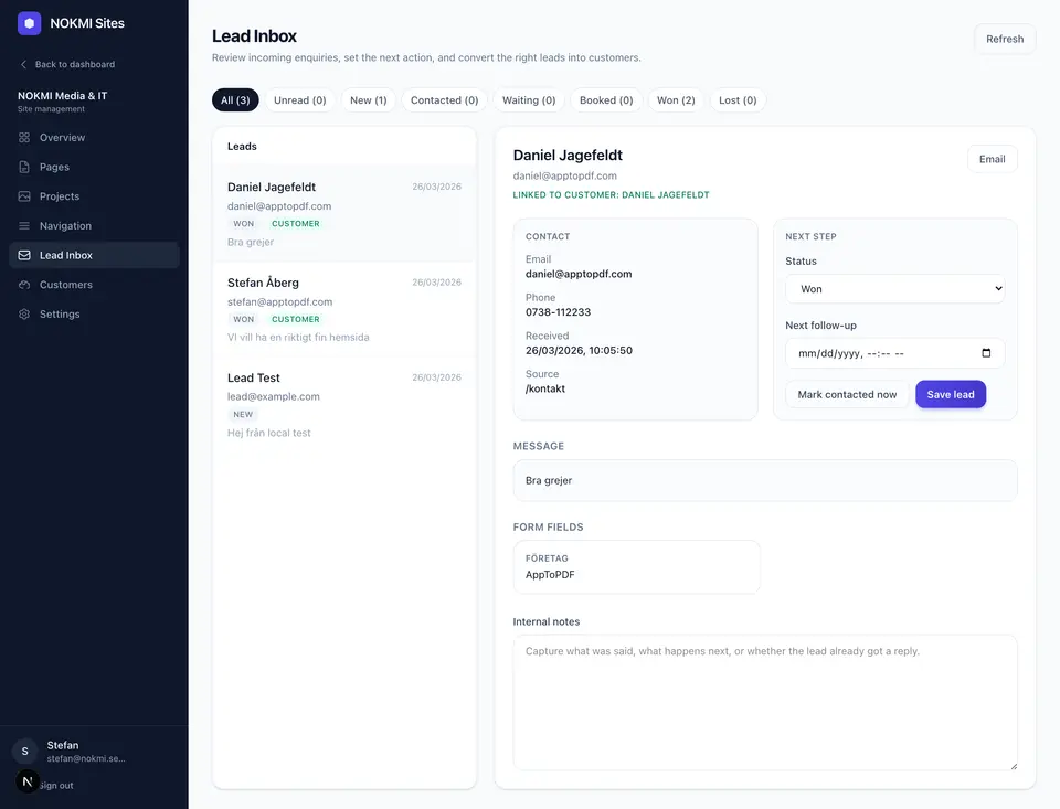 NOKMI Sites lead inbox with lead list, qualification and next-step controls